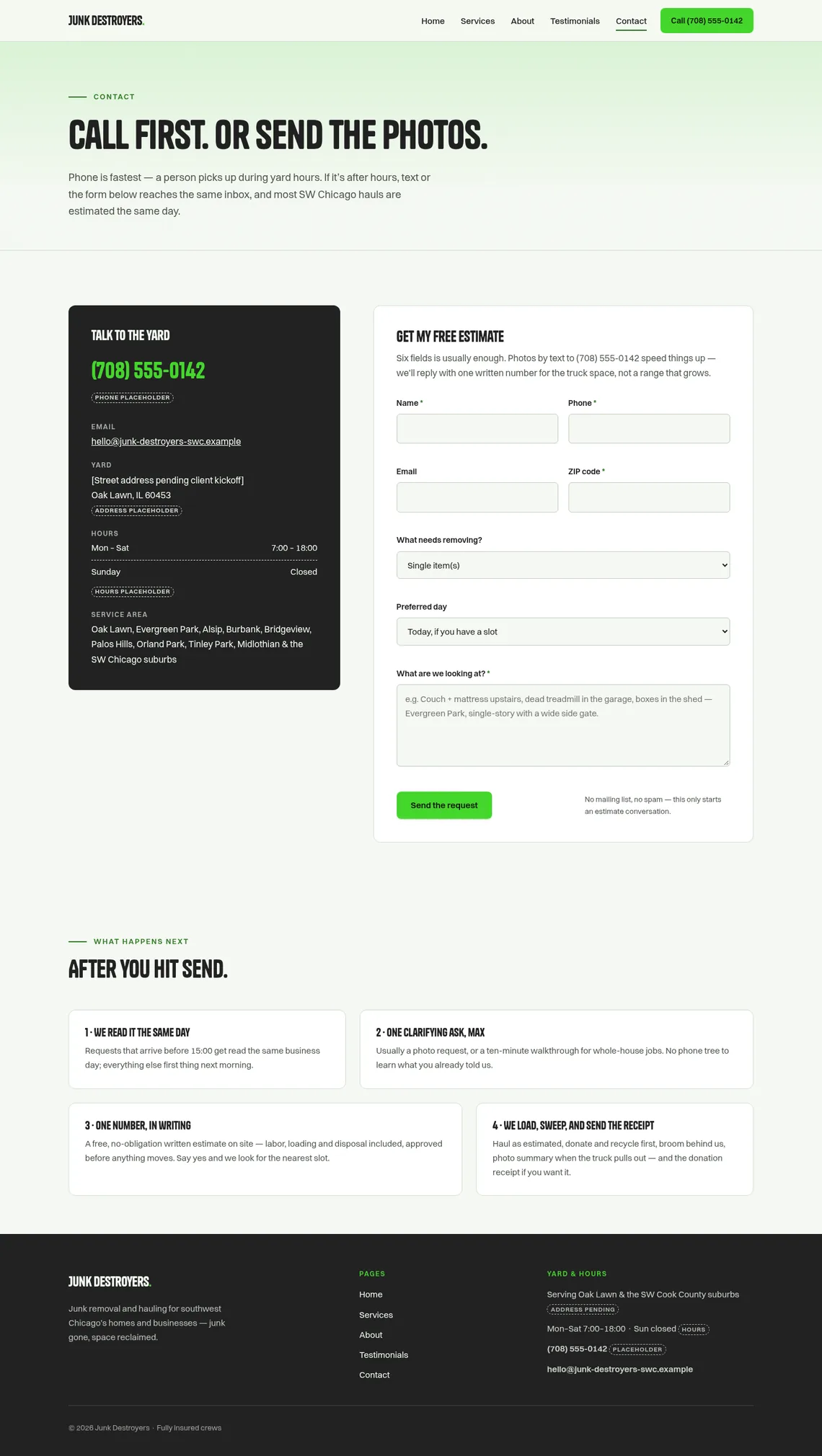 Junk Destroyers Contact page at desktop width
