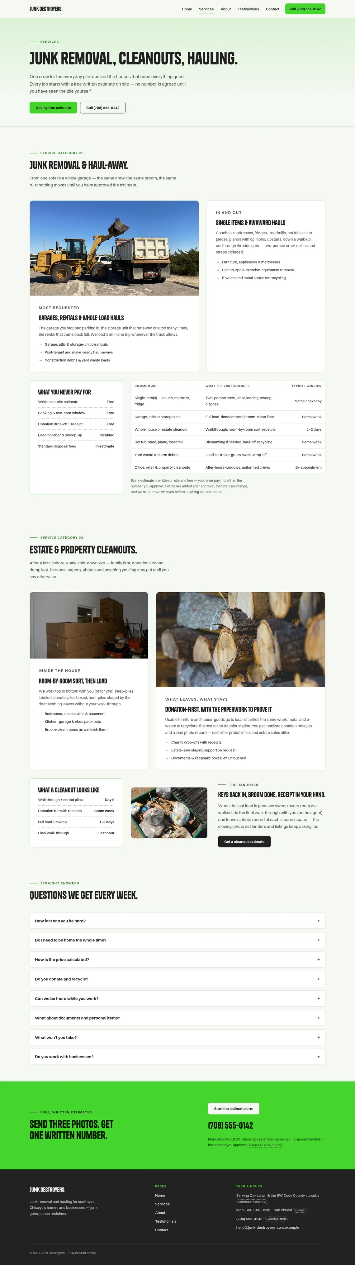 Junk Destroyers Services page at desktop width