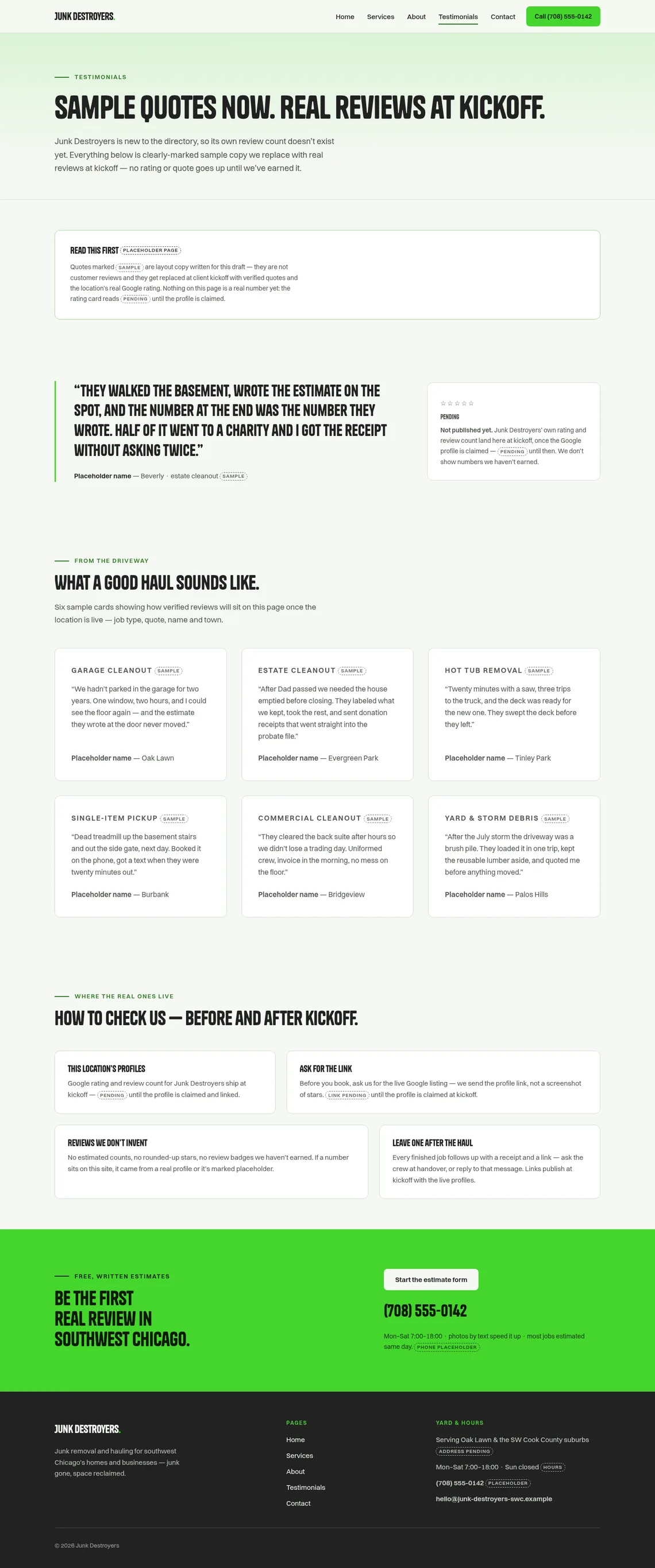 Junk Destroyers Testimonials page at desktop width