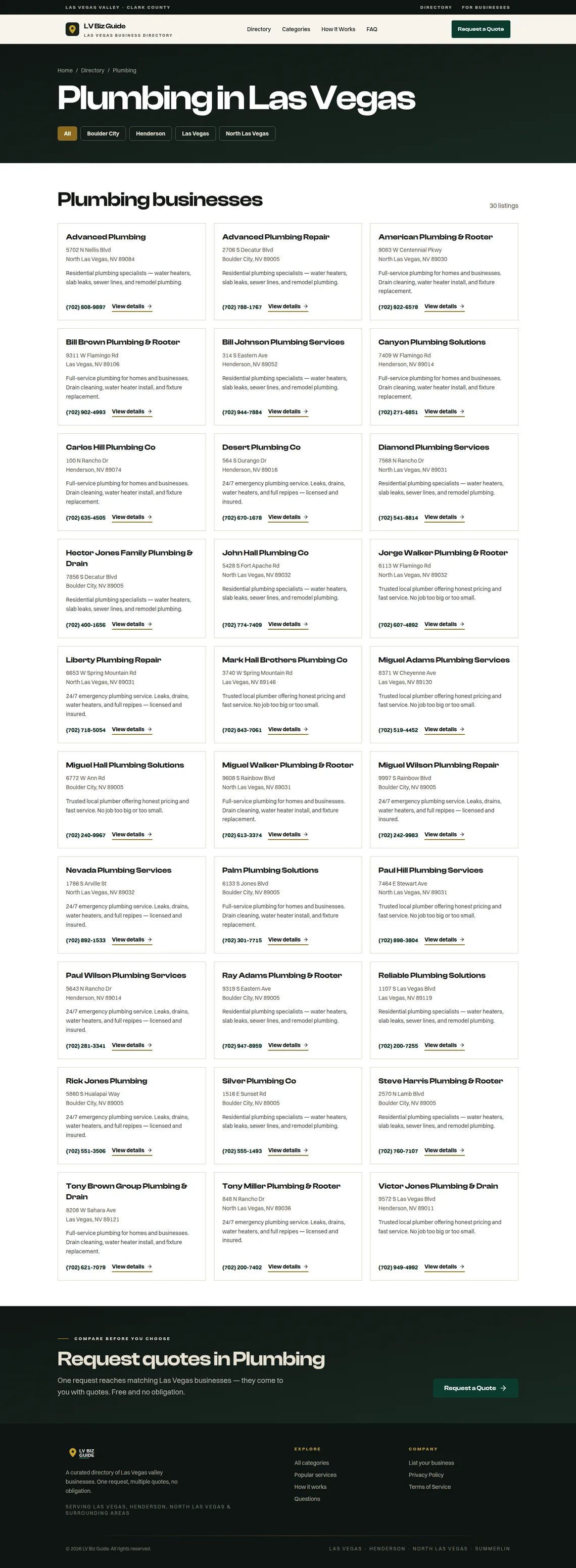 LV Biz Guide Plumbing page at desktop width