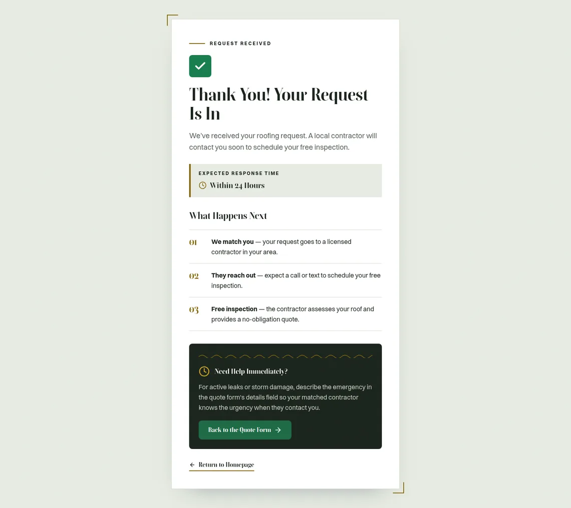 LV Roofers Thank You page at desktop width