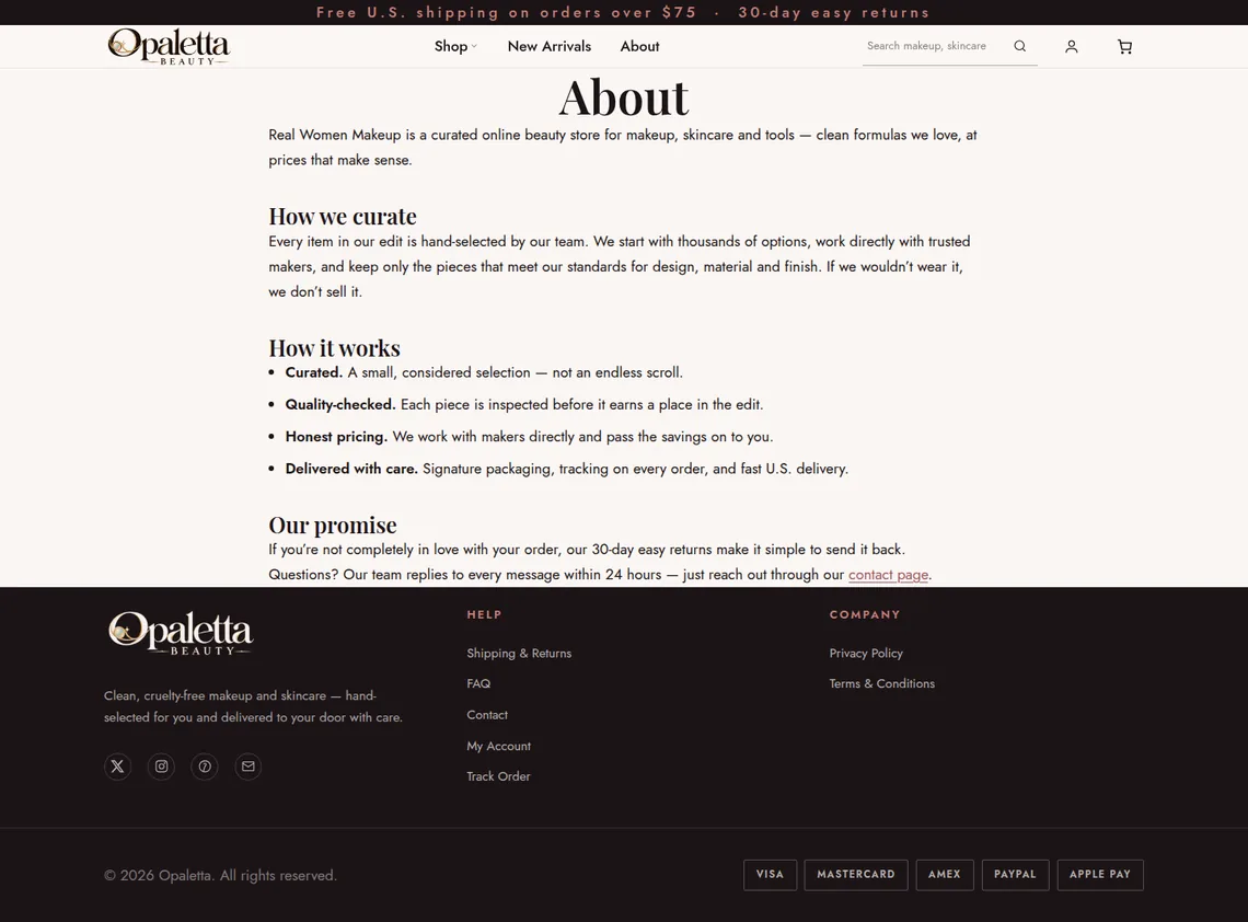 Opaletta Beauty About page at desktop width
