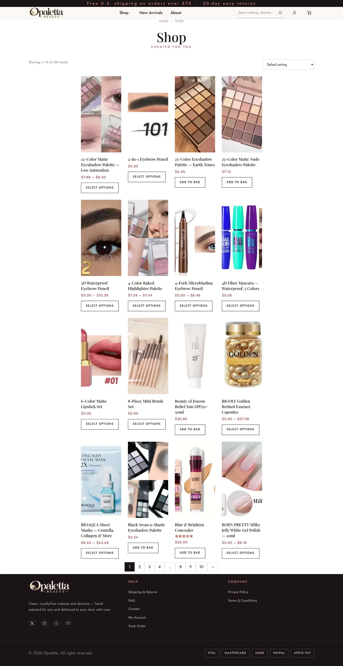 Opaletta Beauty Shop page at desktop width