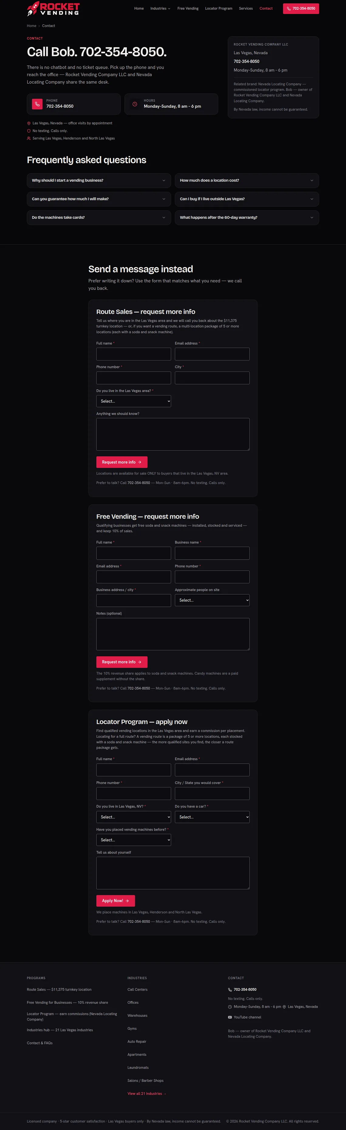 Rocket Vending Contact page at desktop width