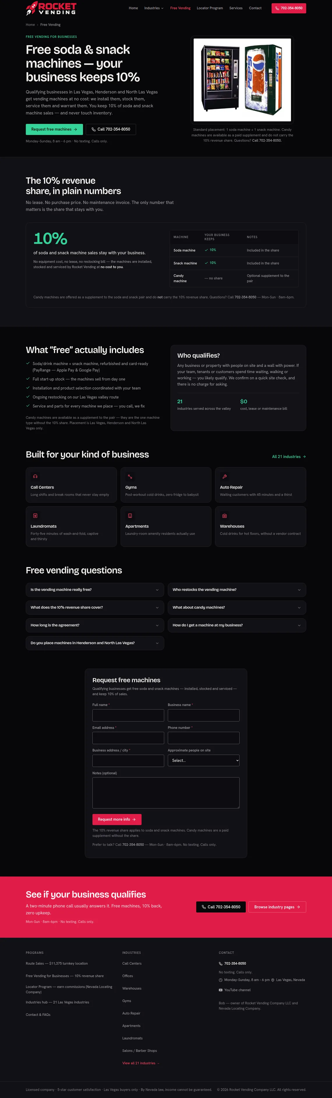 Rocket Vending Free Vending page at desktop width