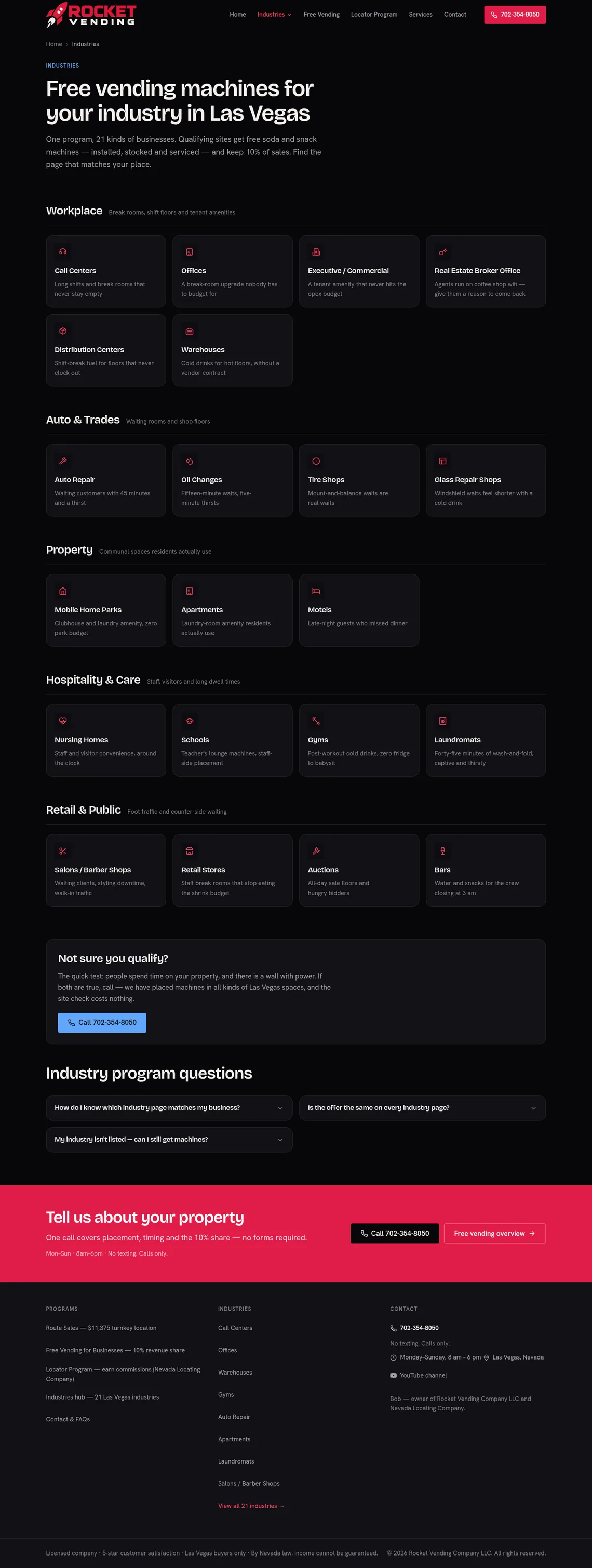 Rocket Vending Industries page at desktop width