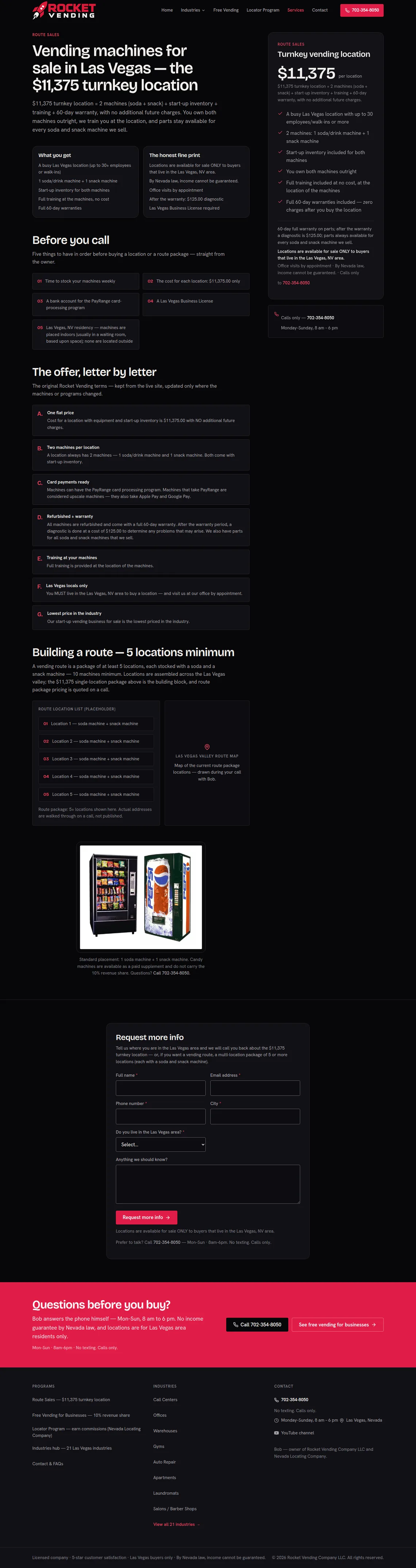 Rocket Vending Services page at desktop width