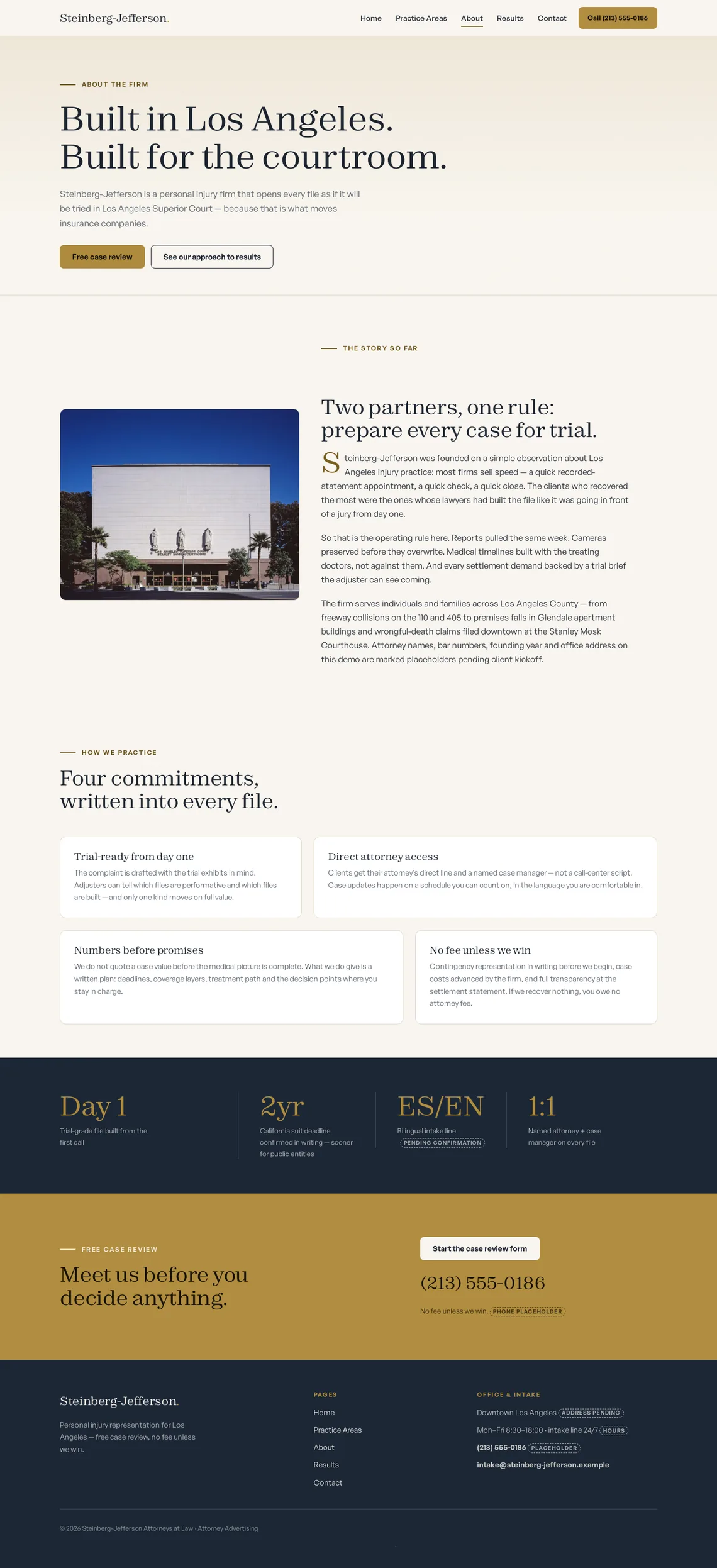 Steinberg-Jefferson Attorneys at Law About page at desktop width