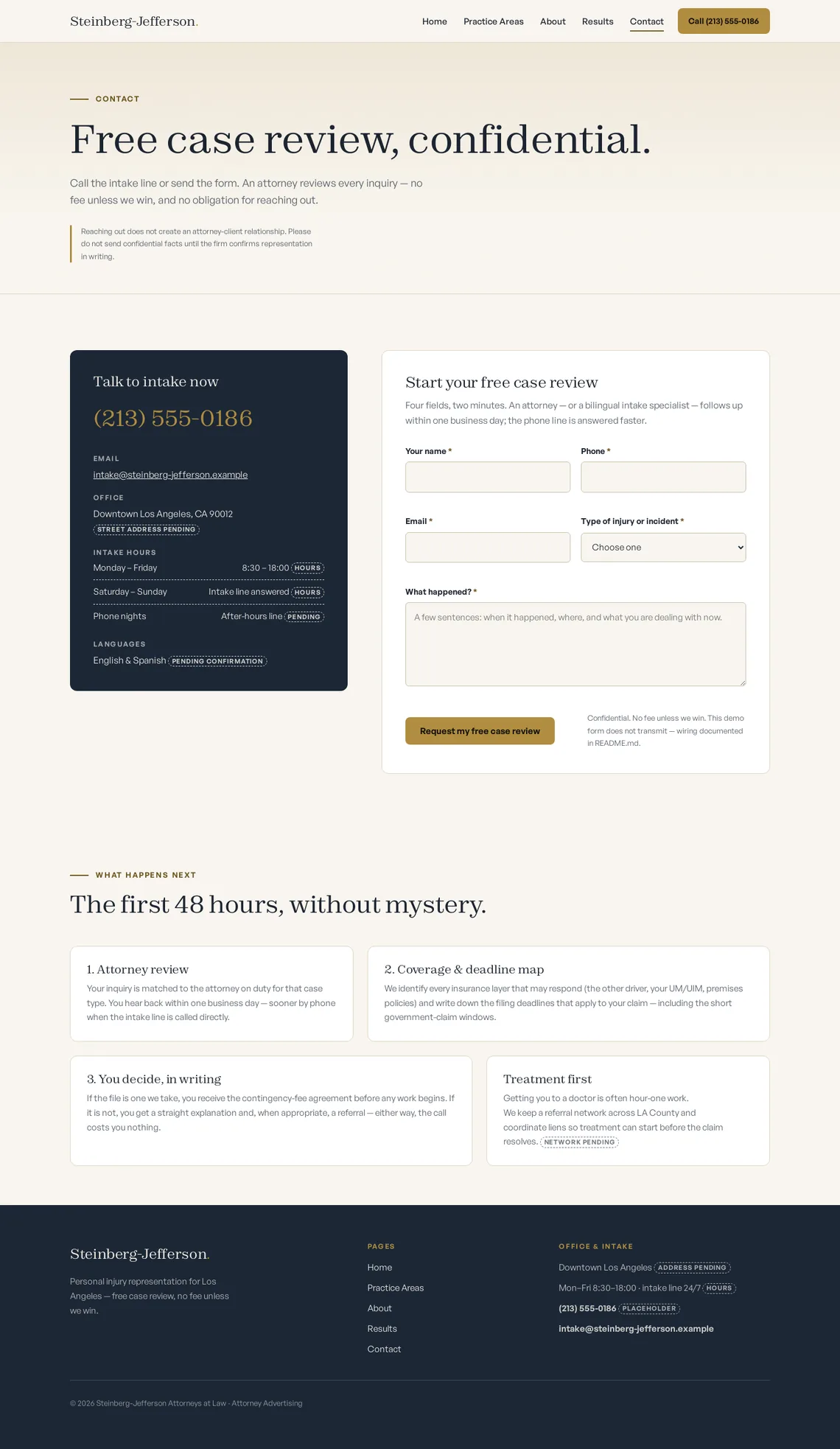 Steinberg-Jefferson Attorneys at Law Contact page at desktop width